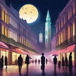 Create an image featuring the most beautiful and slender characters in a stunning city setting at night