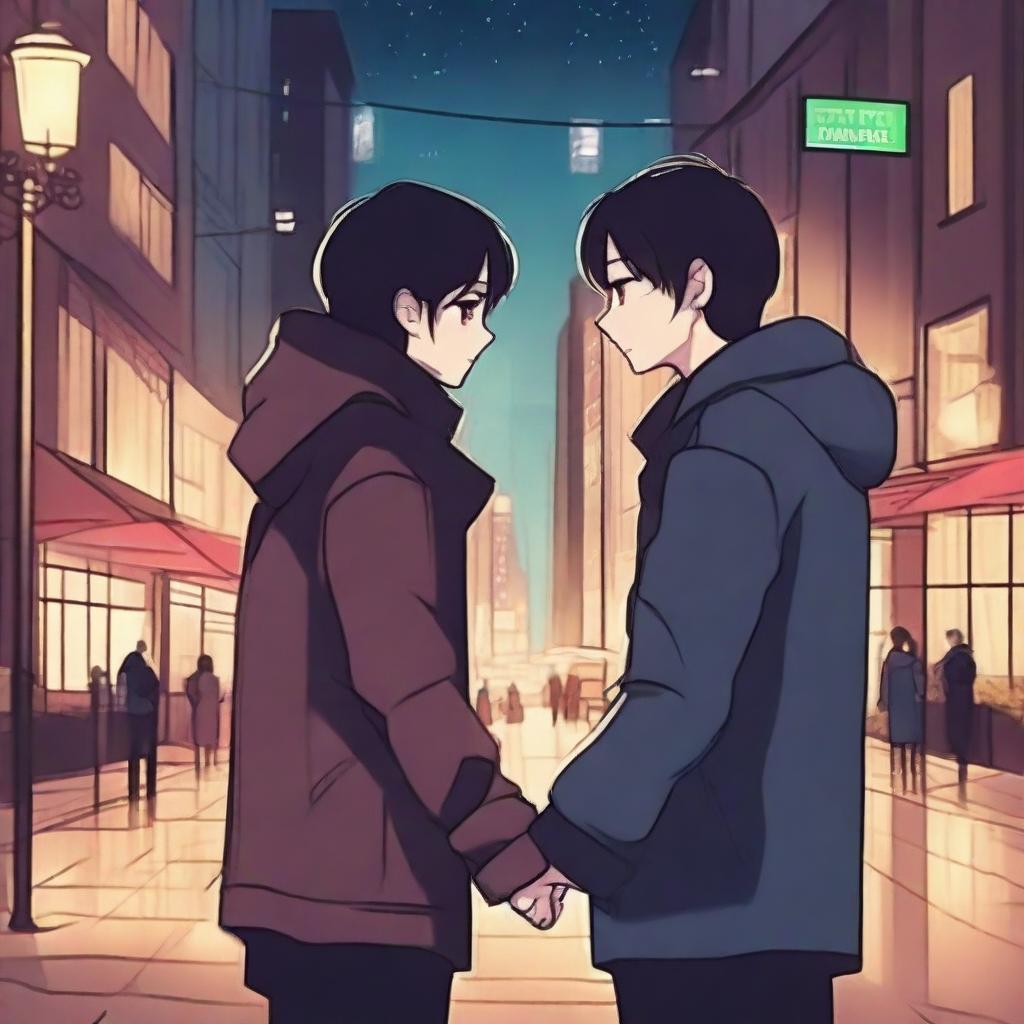 Create an image of two characters looking into each other's eyes, about to hold hands but still slightly apart, set in a city at night