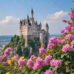 A picturesque view of the Kingdom of Flowers with blossoming and vibrant colored flowers against the backdrop of a majestic castle.