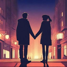 Create an image of two characters looking into each other's eyes, about to hold hands but still slightly apart, set in a city at night