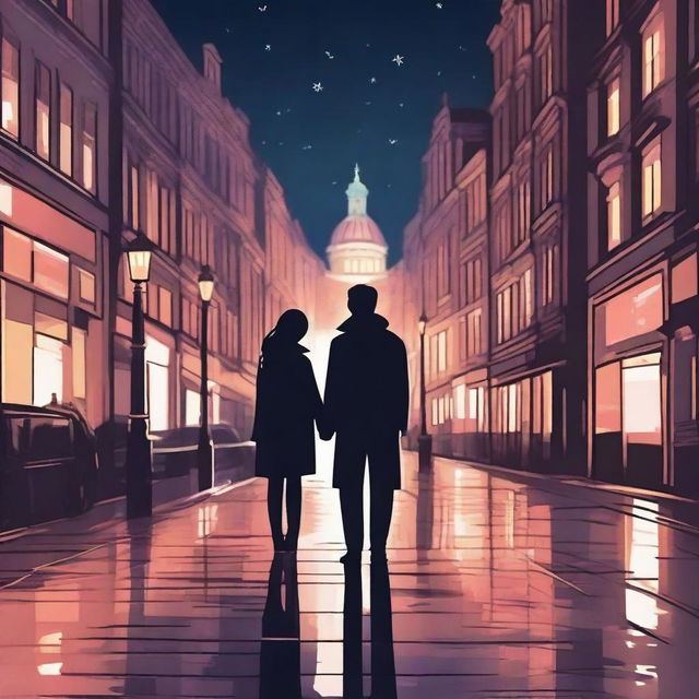 Create an image of two characters looking into each other's eyes, about to hold hands but still slightly apart, set in a city at night