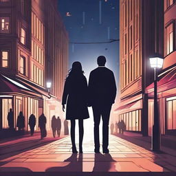 Create an image of two characters looking into each other's eyes, about to hold hands but still slightly apart, set in a city at night