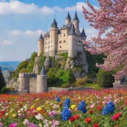 A picturesque view of the Kingdom of Flowers with blossoming and vibrant colored flowers against the backdrop of a majestic castle.