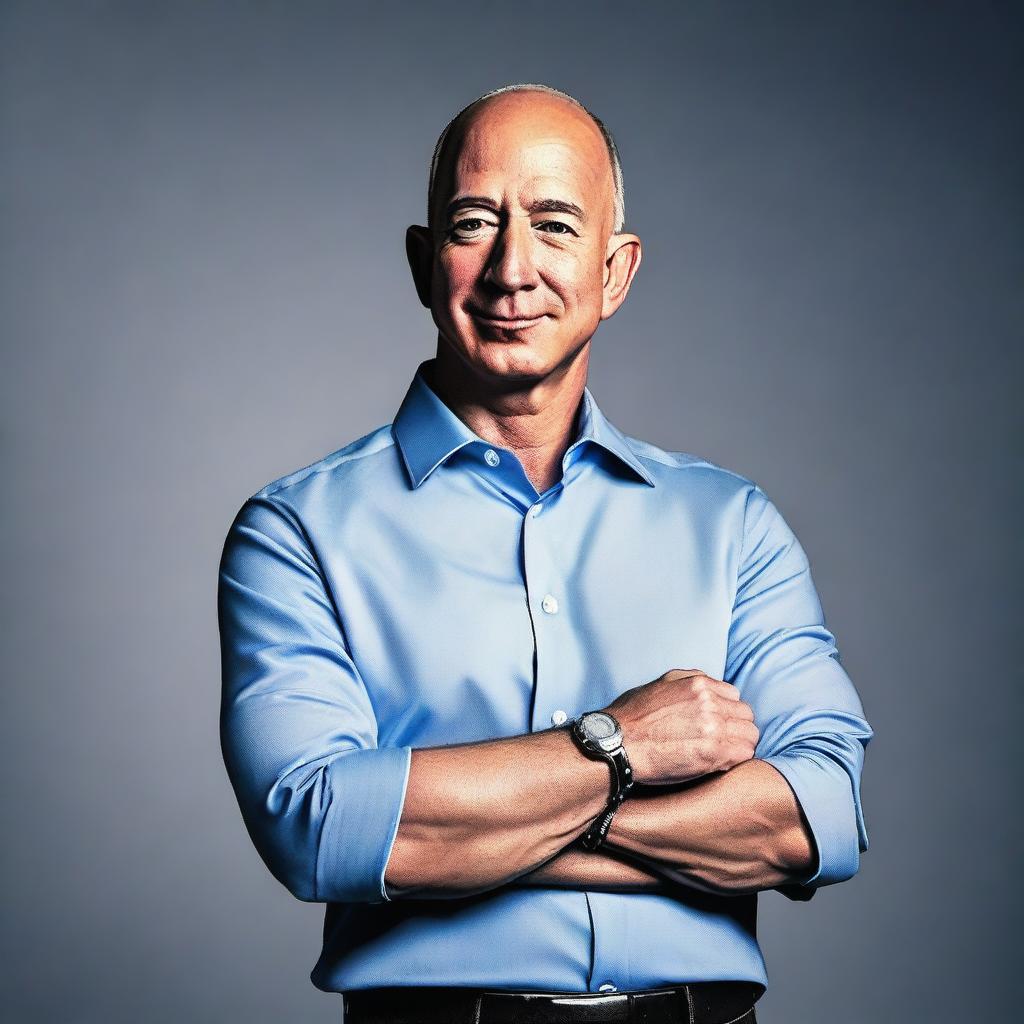 Create an image of Jeff Bezos with a backdrop that visually represents the concepts of a job, a career, and a calling