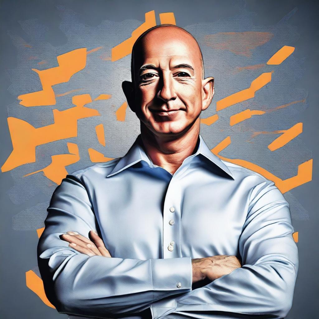 Create an image of Jeff Bezos with a backdrop that visually represents the concepts of a job, a career, and a calling