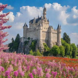 A picturesque view of the Kingdom of Flowers with blossoming and vibrant colored flowers against the backdrop of a majestic castle.