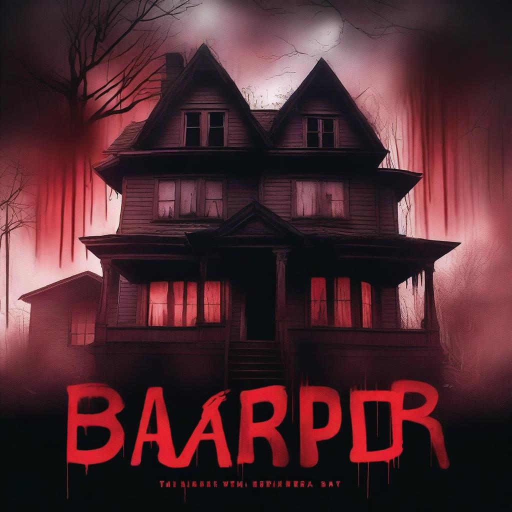 A terrifying horror movie poster featuring a dark, haunted house with eerie shadows and ghostly figures