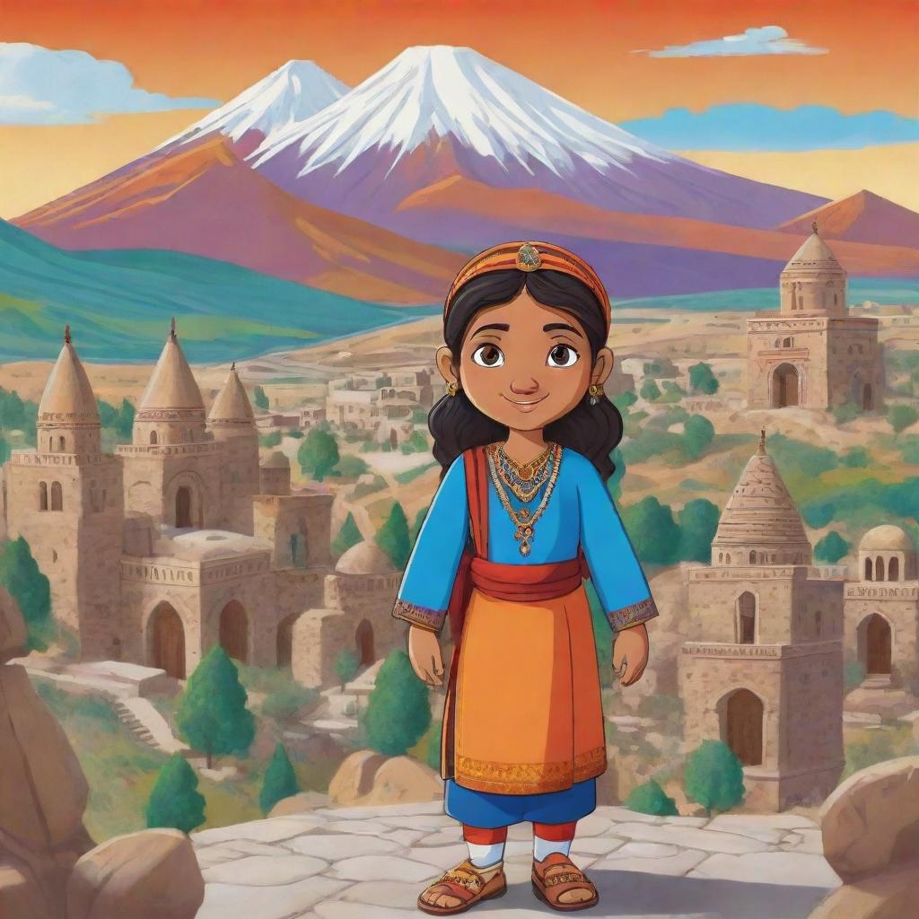 A vibrant cartoon image of an Indian character exploring Armenian culture, with Armenian landmarks and local traditions in the background.