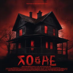 A terrifying horror movie poster featuring a dark, haunted house with eerie shadows and ghostly figures