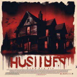 A terrifying horror movie poster featuring a dark, haunted house with eerie shadows and ghostly figures