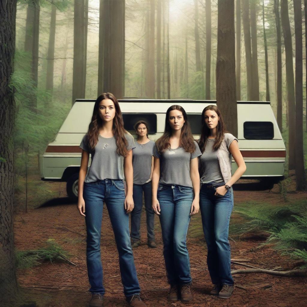 Create a movie poster for 'Deadly Retreat' featuring the Parker family standing in front of an RV in a dense, eerie forest