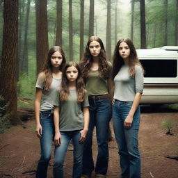 Create a movie poster for 'Deadly Retreat' featuring the Parker family standing in front of an RV in a dense, eerie forest