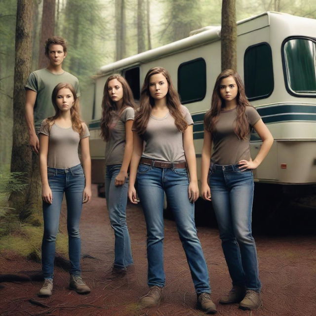 Create a movie poster for 'Deadly Retreat' featuring the Parker family standing in front of an RV in a dense, eerie forest