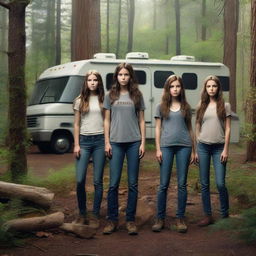 Create a movie poster for 'Deadly Retreat' featuring the Parker family standing in front of an RV in a dense, eerie forest