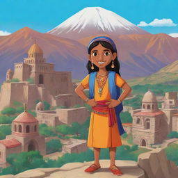 A vibrant cartoon image of an Indian character exploring Armenian culture, with Armenian landmarks and local traditions in the background.