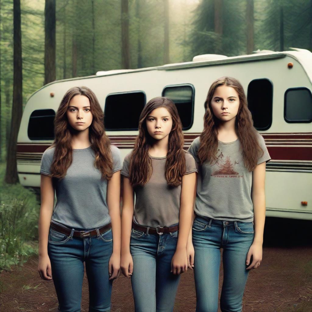 Create a movie poster for 'Deadly Retreat' featuring the Parker family standing in front of an RV in a dense, eerie forest