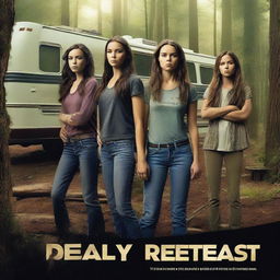 Create a movie poster for 'Deadly Retreat' featuring the Parker family standing in front of an RV in a dense, eerie forest