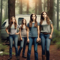 Create a movie poster for 'Deadly Retreat' featuring the Parker family standing in front of an RV in a dense, eerie forest