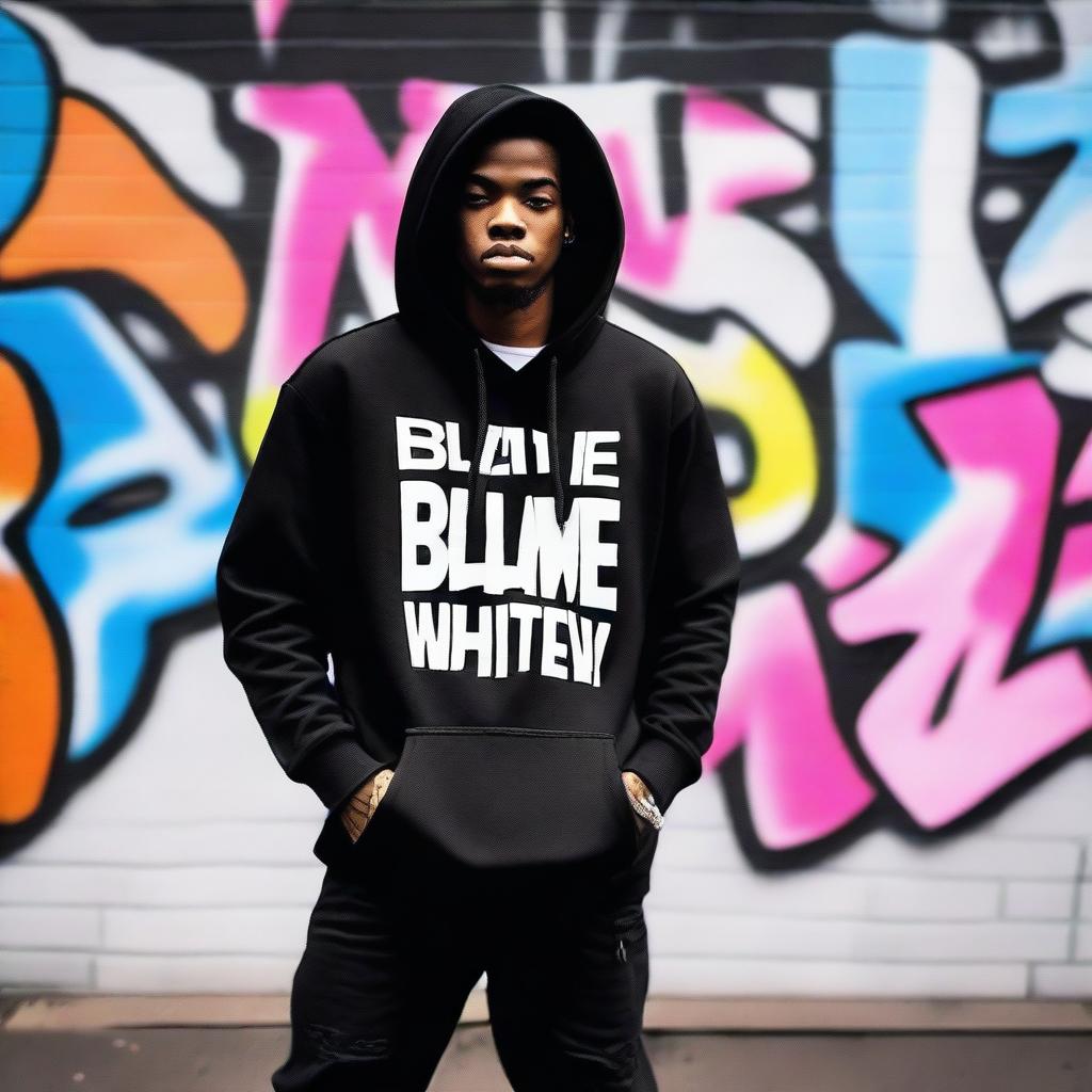 A stylish hip hop themed black hoodie featuring the bold text 'Blame Whitey' in white across the front