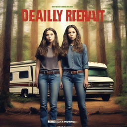 Design a movie poster for 'Deadly Retreat' featuring the Parker family standing in front of an RV in a dense, eerie forest