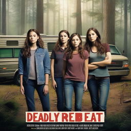 Design a movie poster for 'Deadly Retreat' featuring the Parker family standing in front of an RV in a dense, eerie forest