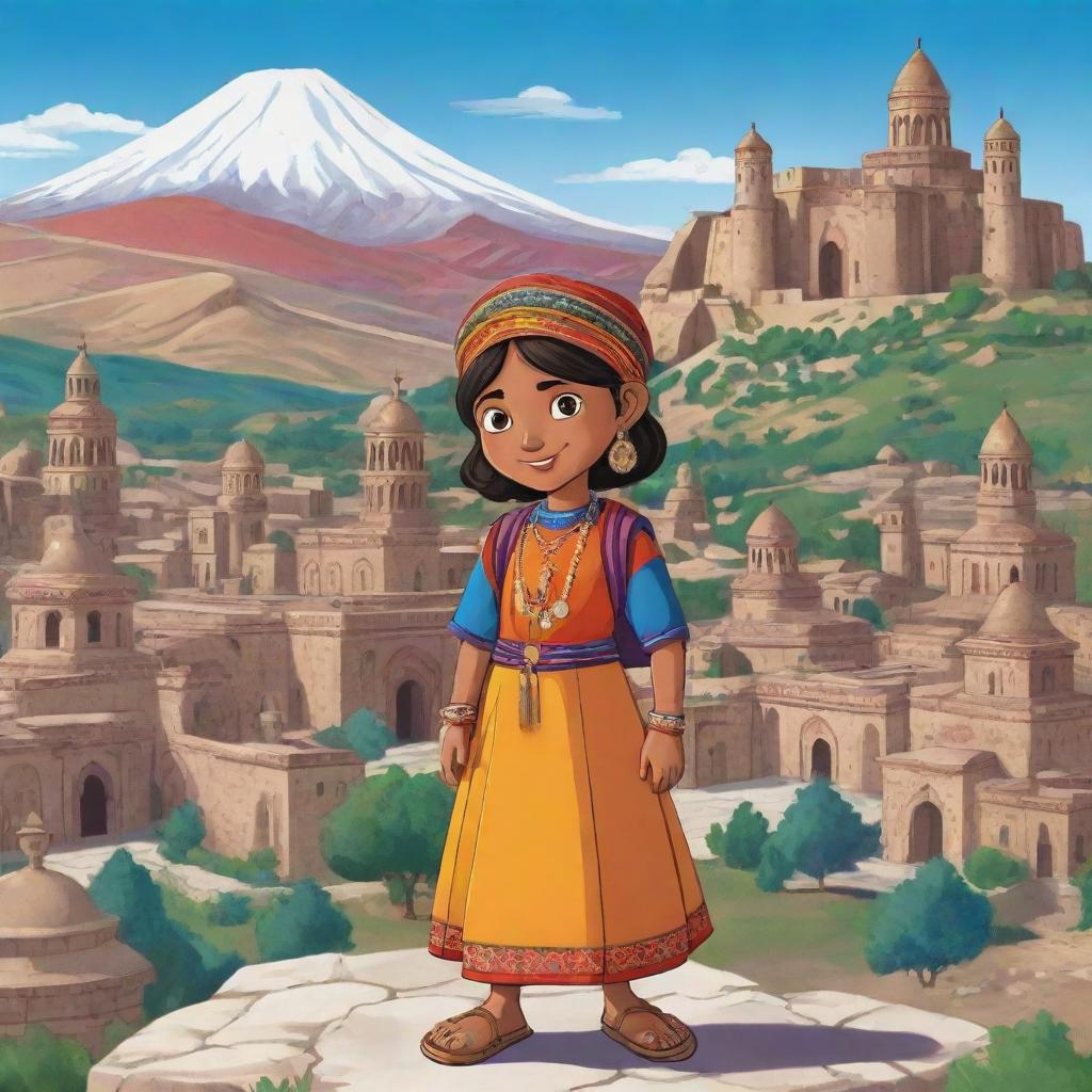 A vibrant cartoon image of an Indian character exploring Armenian culture, with Armenian landmarks and local traditions in the background.