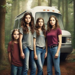 Design a movie poster for 'Deadly Retreat' featuring the Parker family standing in front of an RV in a dense, eerie forest