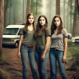 Design a movie poster for 'Deadly Retreat' featuring the Parker family standing in front of an RV in a dense, eerie forest