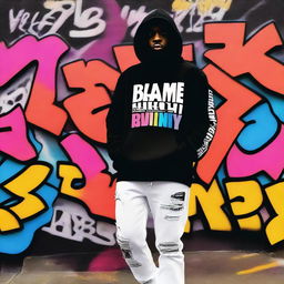 A stylish hip hop themed black hoodie featuring the exact text 'Blame Whitey' in white across the front