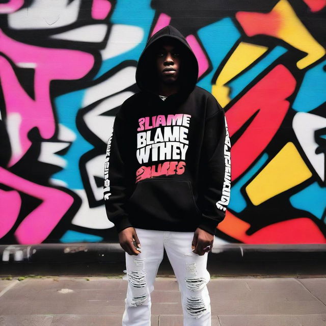 A stylish hip hop themed black hoodie featuring the exact text 'Blame Whitey' in white across the front