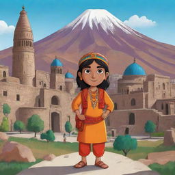 A vibrant cartoon image of an Indian character exploring Armenian culture, with Armenian landmarks and local traditions in the background.