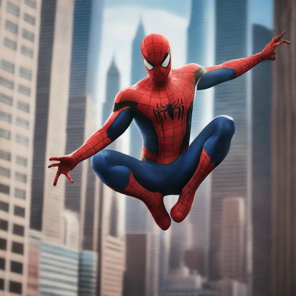 A dynamic and action-packed image of Spiderman swinging through the cityscape, with skyscrapers in the background and a sense of motion and excitement