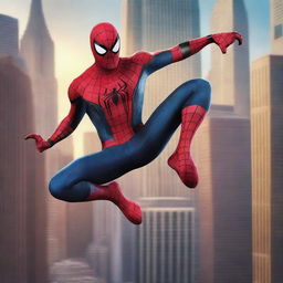 A dynamic and action-packed image of Spiderman swinging through the cityscape, with skyscrapers in the background and a sense of motion and excitement