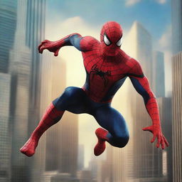 A dynamic and action-packed image of Spiderman swinging through the cityscape, with skyscrapers in the background and a sense of motion and excitement