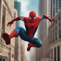 A dynamic and action-packed image of Spiderman swinging through the cityscape, with skyscrapers in the background and a sense of motion and excitement