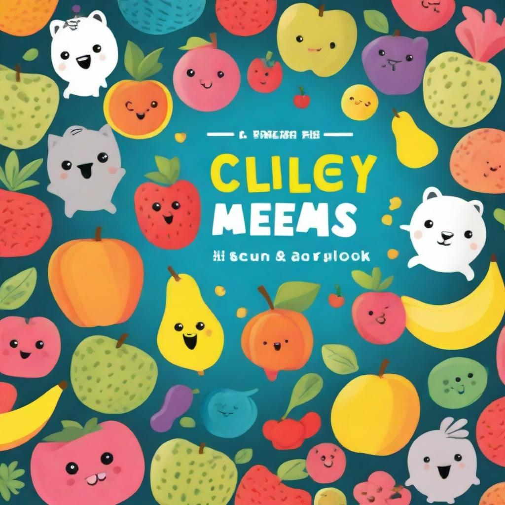 Create a vibrant children's book cover featuring colorful images of animals and fruits