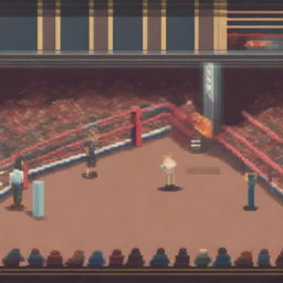 Create a large boxing ring with audience stands, a screen projecting the fight, a brightly lit entrance, and judges, all in pixel art style