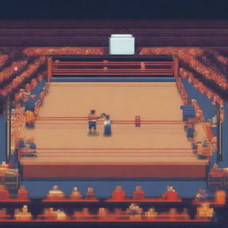 Create a large boxing ring with audience stands, a screen projecting the fight, a brightly lit entrance, and judges, all in pixel art style