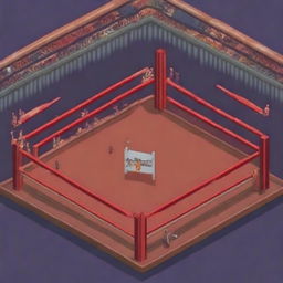 Create a large boxing ring with audience stands, a screen projecting the fight, a brightly lit entrance, and judges, all in pixel art style