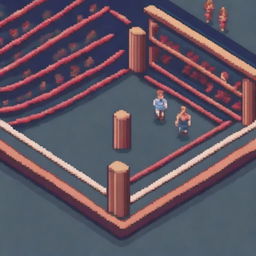 Create a large boxing ring with audience stands, a screen projecting the fight, a brightly lit entrance, and judges, all in pixel art style