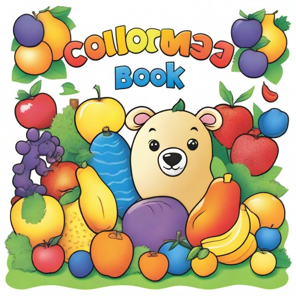 Create a children's book cover with colorful images of animals and fruits