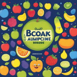 Create a children's book cover with colorful images of animals and fruits