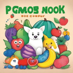 Create a children's book cover with colorful images of animals and fruits