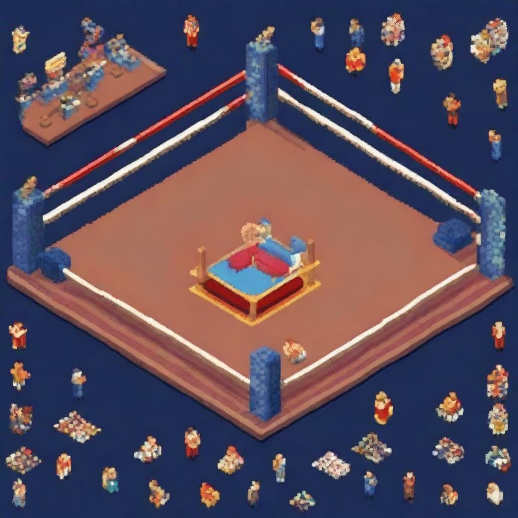 Create a large boxing ring with audience stands, a screen projecting the fight, a brightly lit entrance, and judges