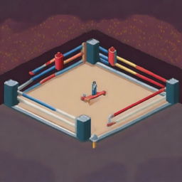 Create a large boxing ring with audience stands, a screen projecting the fight, a brightly lit entrance, and judges