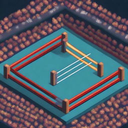 Create a large boxing ring with audience stands, a screen projecting the fight, a brightly lit entrance, and judges