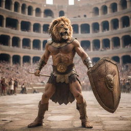 A fierce half-man, half-lion gladiator, armed with a glinting trident and a sturdy shield, standing triumphantly in a grand Roman Colosseum, as the crowd roars in awe.