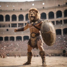 A fierce half-man, half-lion gladiator, armed with a glinting trident and a sturdy shield, standing triumphantly in a grand Roman Colosseum, as the crowd roars in awe.