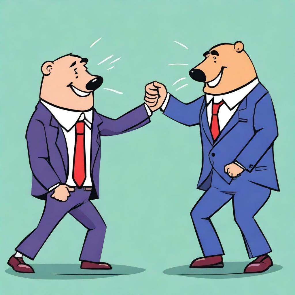 Two companies represented as anthropomorphic characters engaged in a playful, non-violent fight