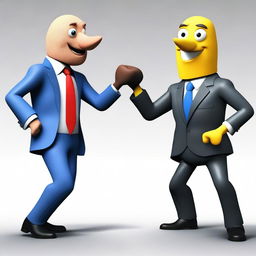 Two companies represented as anthropomorphic characters engaged in a playful, non-violent fight